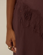 Ruby Sleeveless Asymmetrical Floral Embroidered Midi Dress, Brown (CHOCOLATE), large