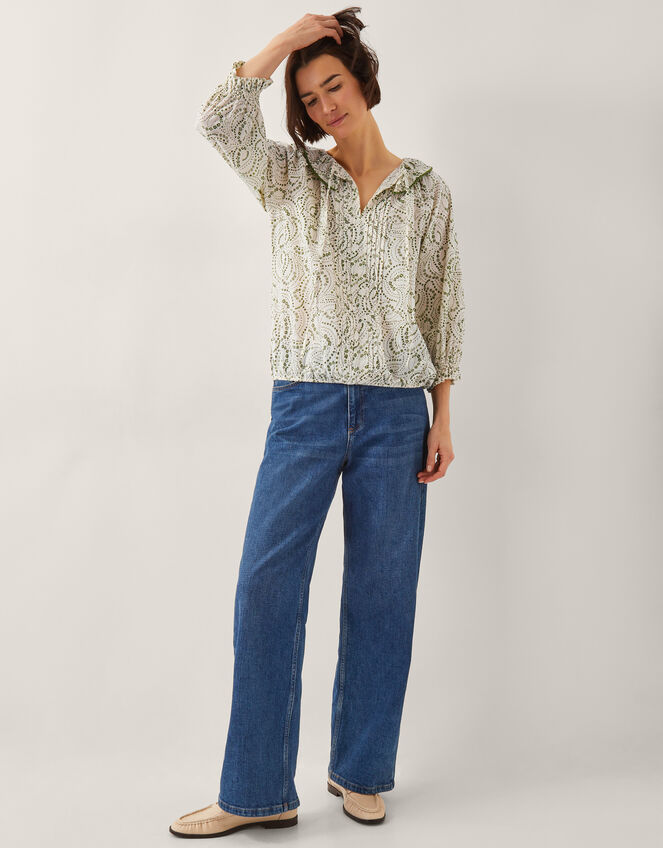 Delma Pintuck Floral Frilly Blouse, Ivory (IVORY), large