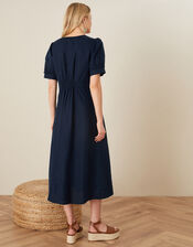 Midi Tea Dress in Linen Blend, Blue (NAVY), large