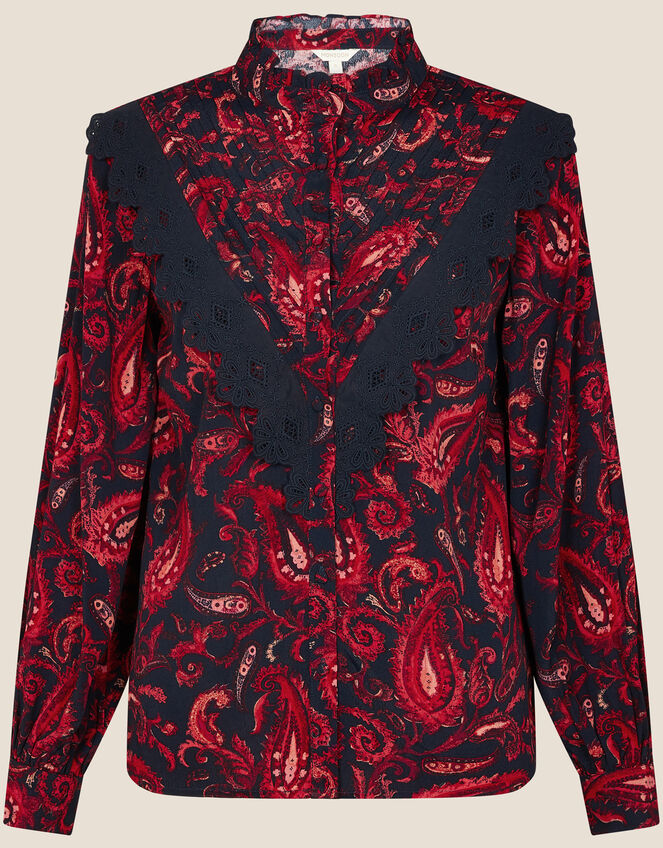 Lace Trim Paisley Print Blouse, Red (RED), large