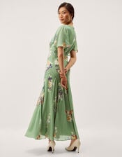 Amber Flutter Floral Print Maxi Dress, Green (GREEN), large