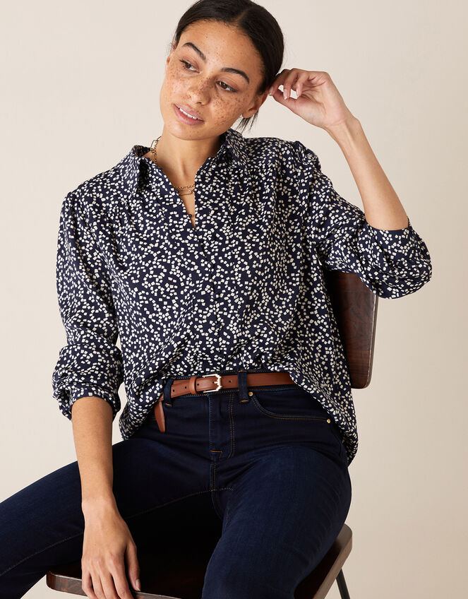 Square Spot Satin Blouse, Blue (NAVY), large