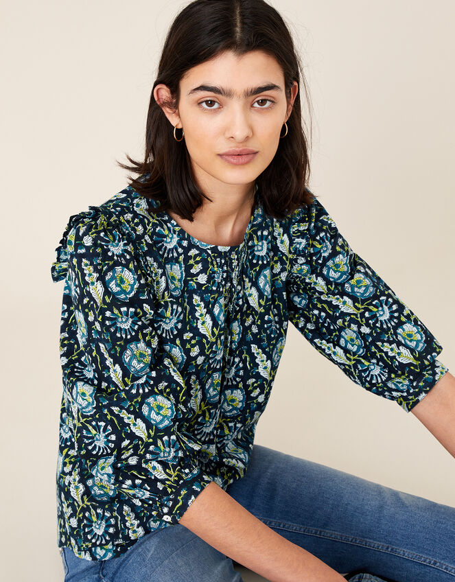 ARTISAN STUDIO Floral Woodblock Print Top, Blue (BLUE), large