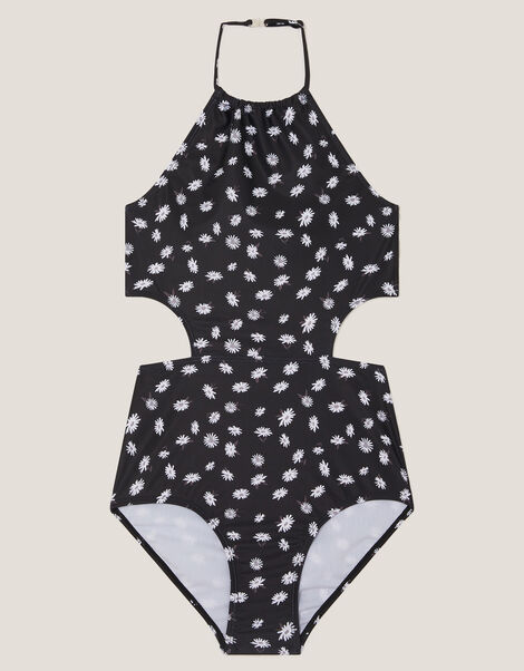 Daisy Cut-Out Halter Swimsuit, Black (BLACK), large