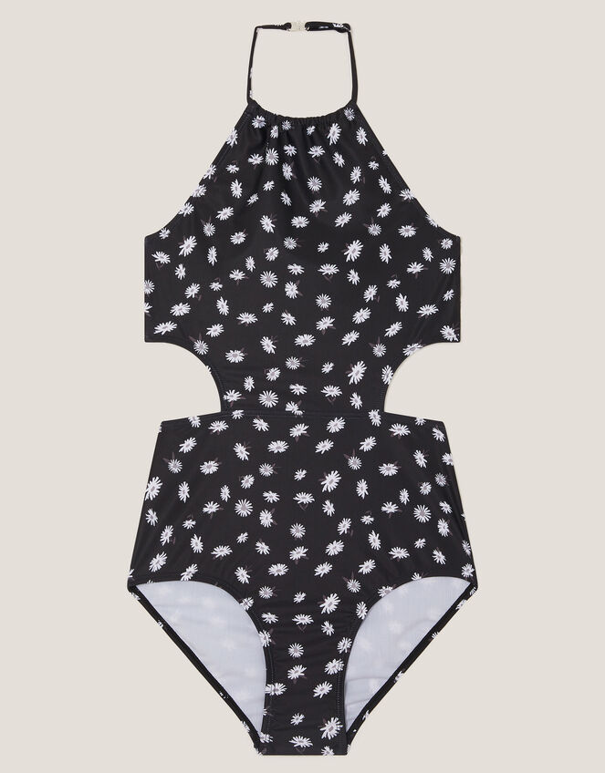 Daisy Cut-Out Halter Swimsuit, Black (BLACK), large