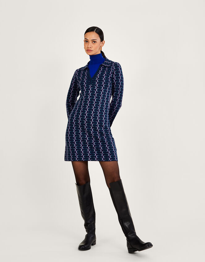 Geometric Pattern Collared Dress with Recycled Polyester , Blue (BLUE), large