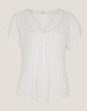 Amaya Crochet V-Neck T-Shirt, White (WHITE), large