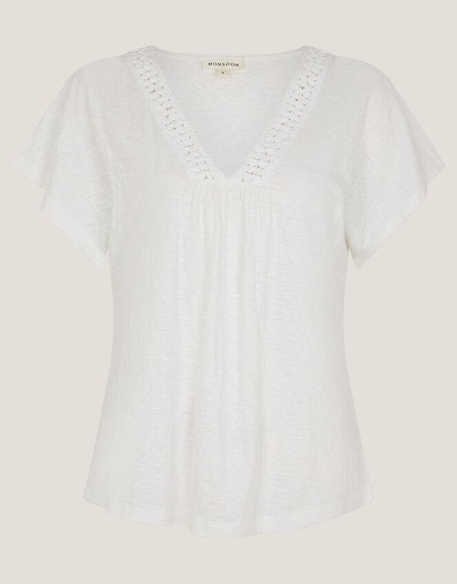 Amaya Crochet V-Neck T-Shirt, White (WHITE), large