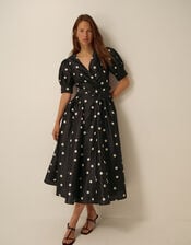 Amara Polka Dot Belted Midi Dress, Black (BLACK), large