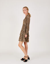 Zeta Animal Print Short Tiered Dress, Camel (CAMEL), large