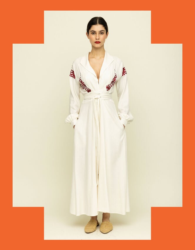 Tallulah & Hope Mitzi Embroidered Wrap Dress, Camel (OATMEAL), large