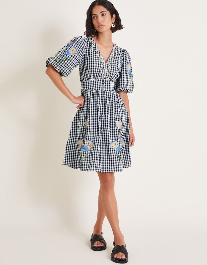 Bria Embroidered Gingham Mini Dress, Black (BLACK), large
