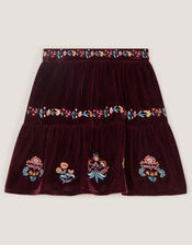 Floral Embroidered Velour Skirt, Red (BURGUNDY), large
