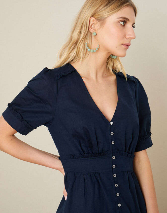 Midi Tea Dress in Linen Blend, Blue (NAVY), large
