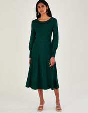 Pleat Trim Slash Neck Midi Dress, Green (DARK GREEN), large
