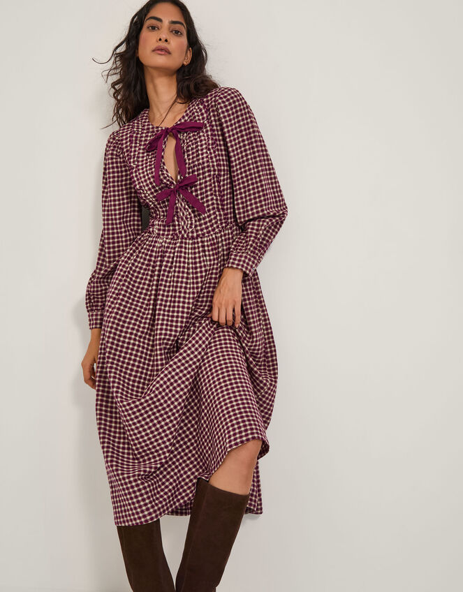 Agatha Tie Front Check Midi Dress, Red (CHERRY), large