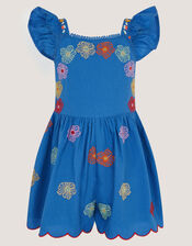 Floral Embroidered Scallop Trim Playsuit, Blue (BLUE), large