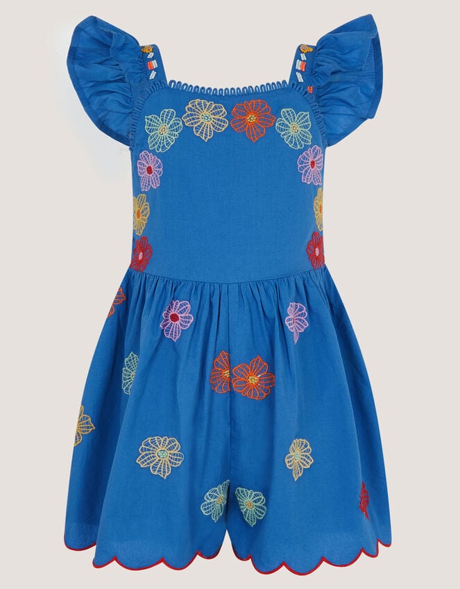 Floral Embroidered Scallop Trim Playsuit, Blue (BLUE), large