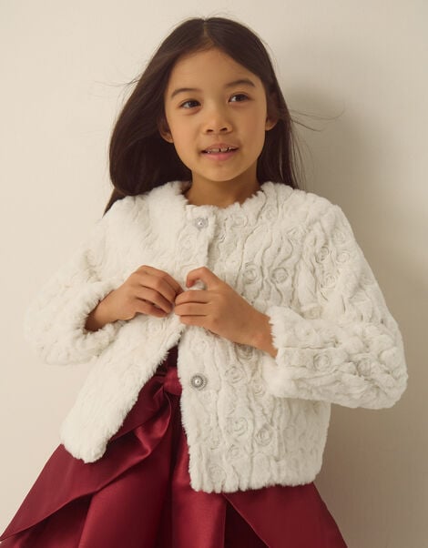 Cornelli Embroidered Faux Fur Jacket, Ivory (IVORY), large