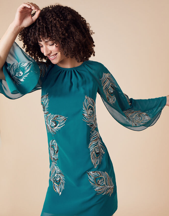 Cara Peacock Embroidered Cape Dress, Teal (TEAL), large