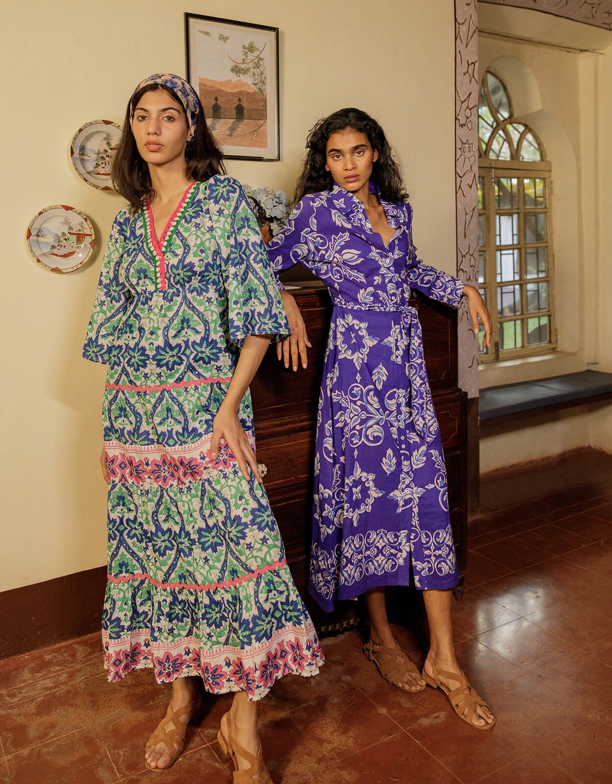 Print Shirt Dress in Linen Blend Blue