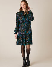 Floral Print Short Dress, Black (BLACK), large