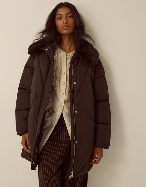 Iona Faux Fur Collar Padded Coat, Brown (CHOCOLATE), large