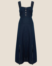 Contrast Stitch Dress in Linen Blend  , Blue (NAVY), large