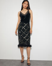 Sira Sequin Feather Pencil Skirt, Black (BLACK), large