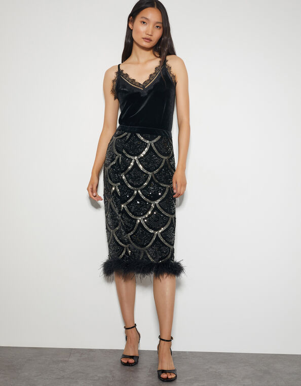 Sira Sequin Feather Pencil Skirt, Black (BLACK), large