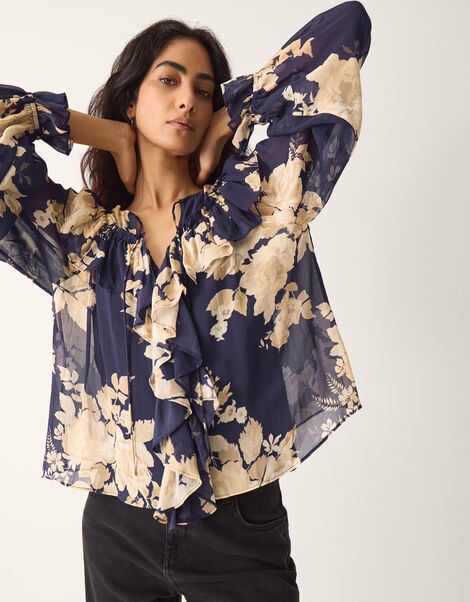 Sasha Floral Print Ruffle Blouse, Blue (NAVY), large