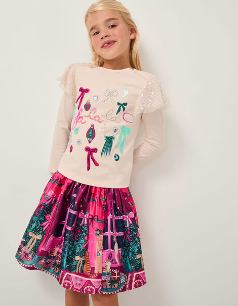 Christmas Scene Satin Skirt, Pink (PINK), large