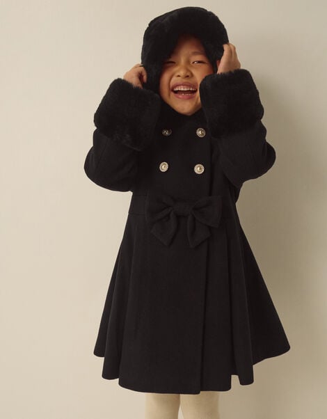 Bow Faux Fur Double-Breasted Coat, Black (BLACK), large