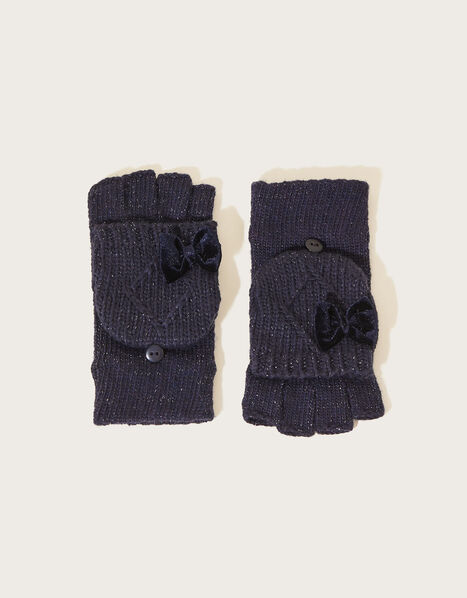 Bow Knit Capped Mitten Gloves Blue, Blue (NAVY), large