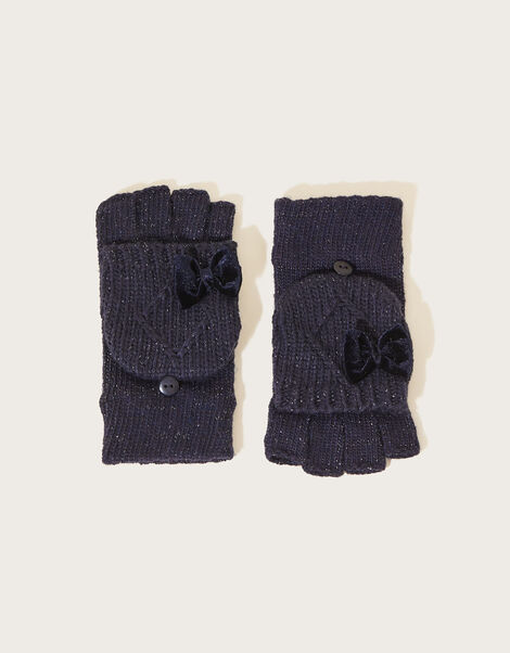 Bow Knit Capped Mitten Gloves with Recycled Polyester Blue, Blue (NAVY), large