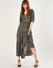 Ditsy Contrast Binding Fit and Flare Midi Dress, Black (BLACK), large