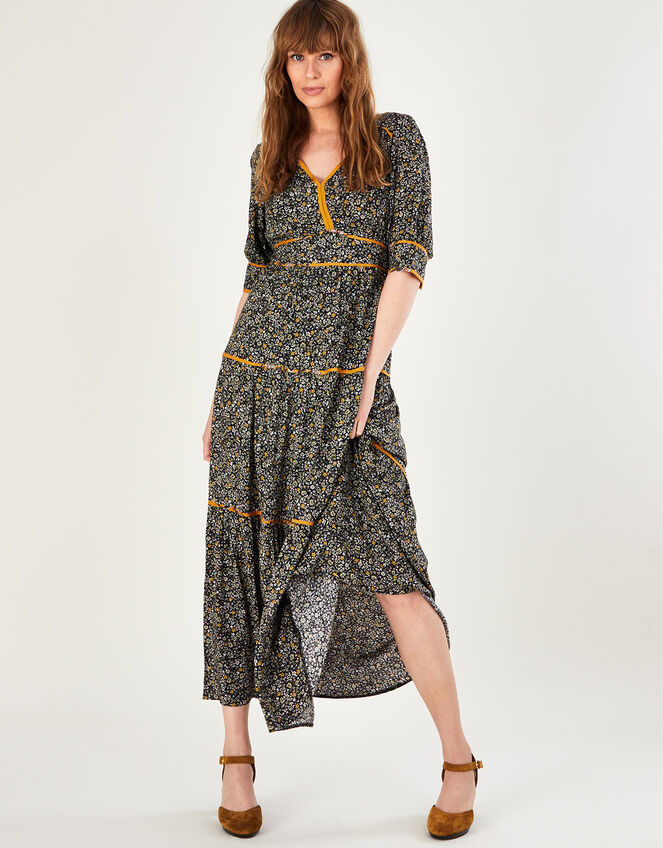 Ditsy Contrast Binding Fit and Flare Midi Dress, Black (BLACK), large