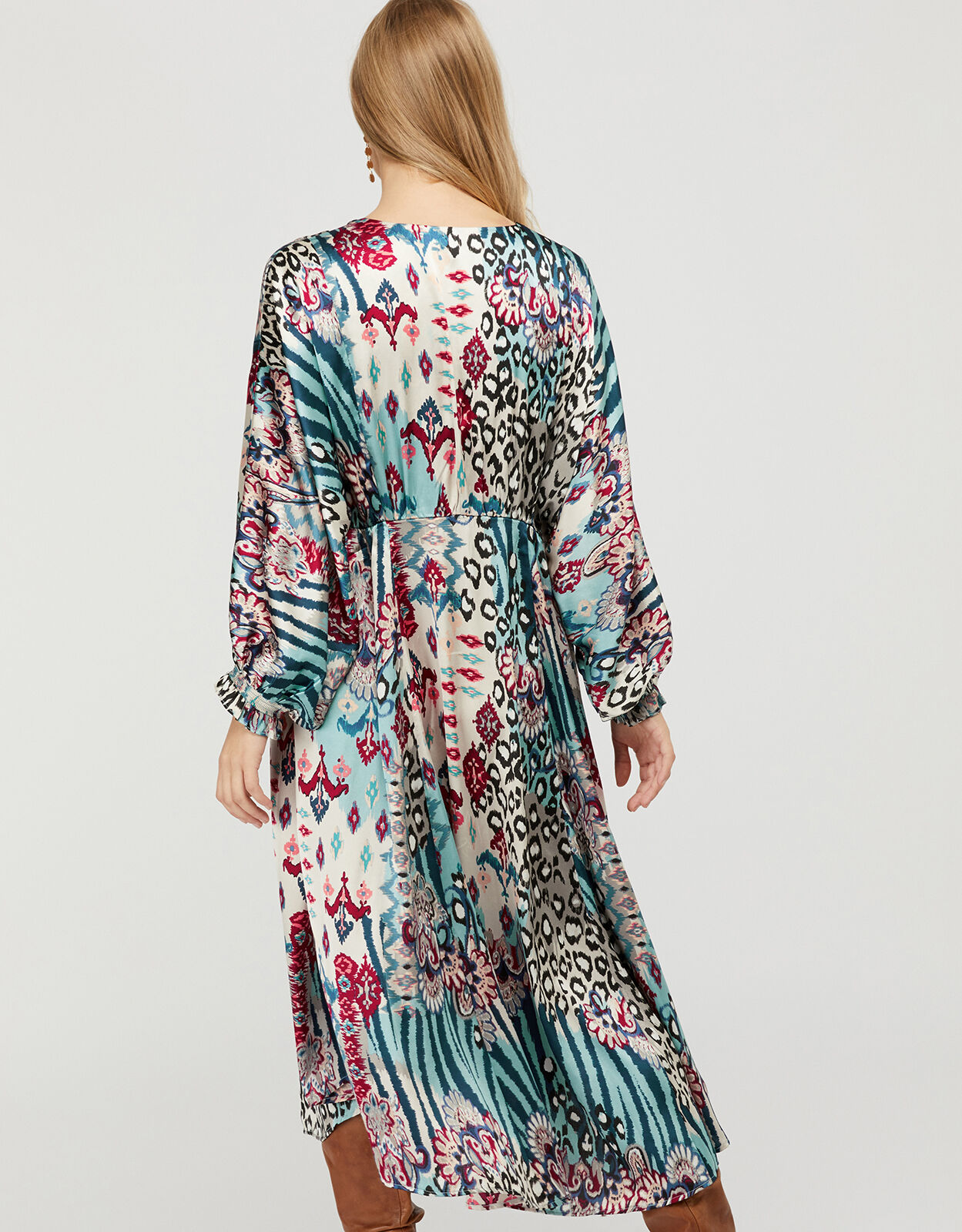 Mercy Mixed Print Satin Midi Dress Blue
