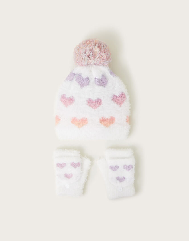 Neon Hearts Fluffy Hat and Gloves Set, Multi (MULTI), large