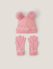 Scallop Beanie Hat & Mittens Set, Pink (PINK), large