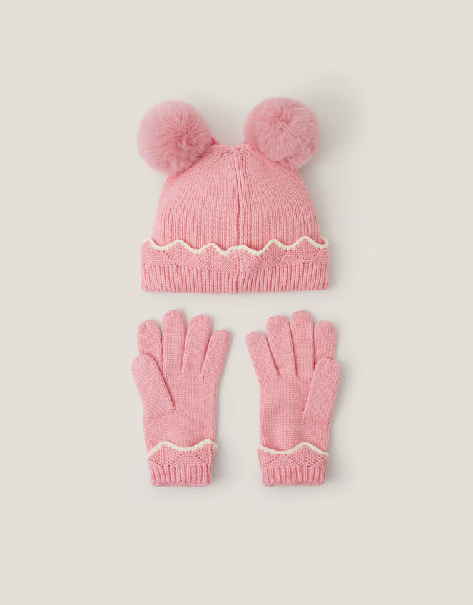 Scallop Beanie Hat & Mittens Set, Pink (PINK), large