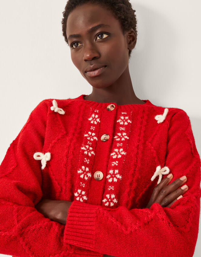 Evie Bow Cable Knit Cardigan, Red (RED), large