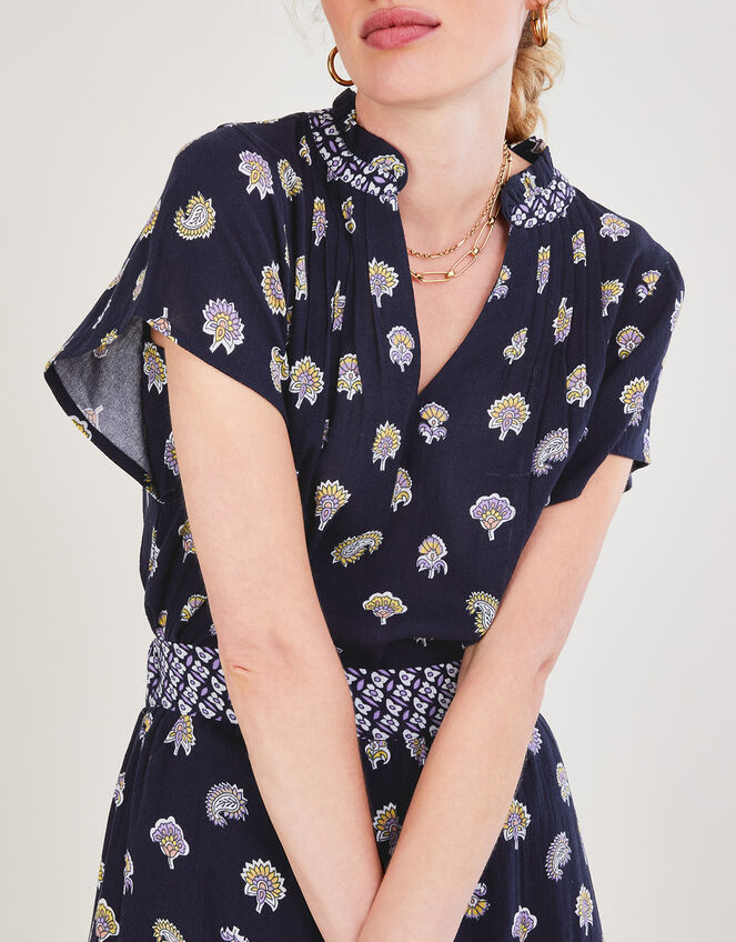 Floral Print Shell Top in Sustainable Cotton, Blue (NAVY), large