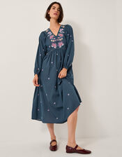 Bria Embroidered Long Sleeve Midi Dress, Blue (BLUE), large