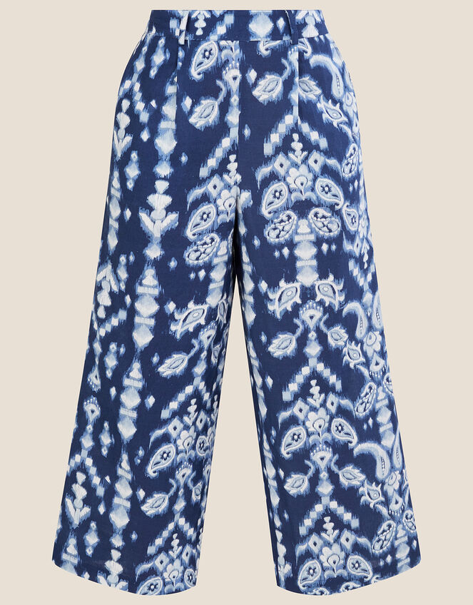 Ikat Print Trousers in Linen Blend, Blue (BLUE), large