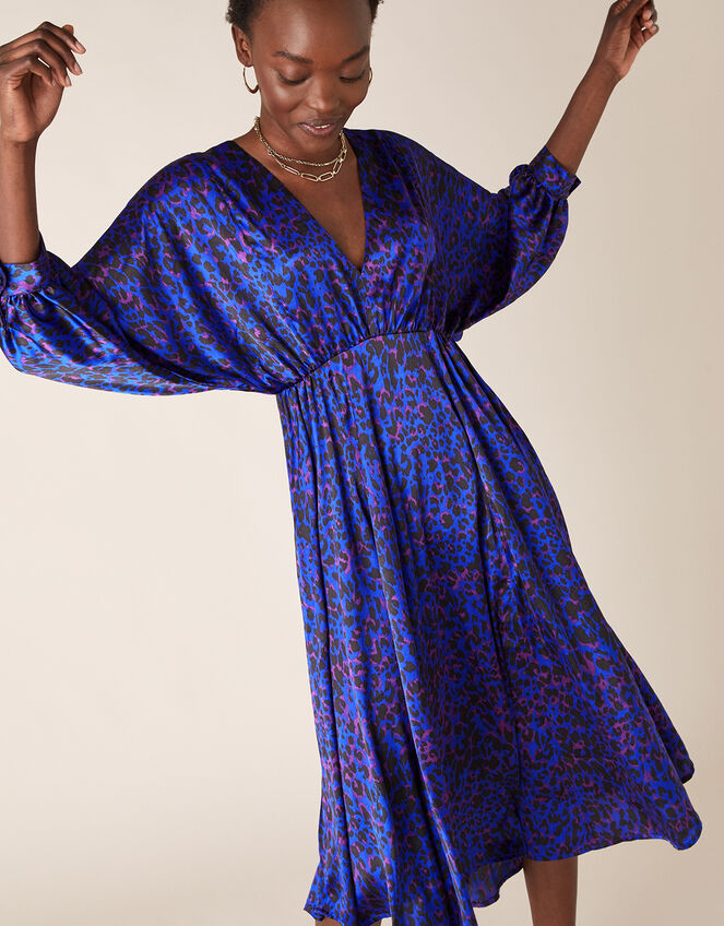 Animal Print Satin Midi Dress, Blue (BLUE), large