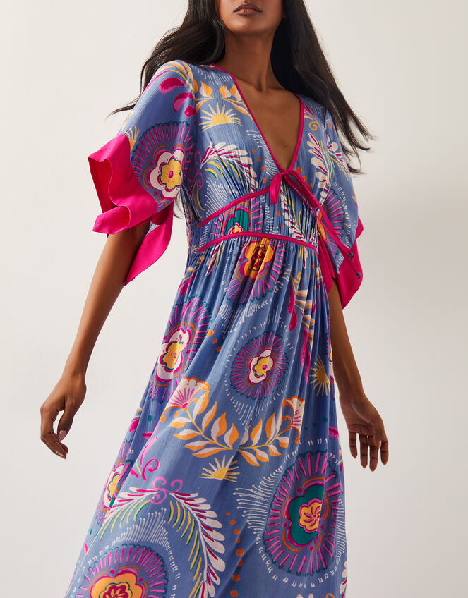 Monika Short Sleeve Floral Print Midi Dress, Blue (BLUE), large