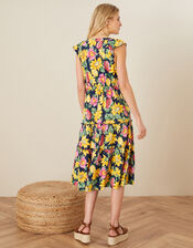Floral Print Jersey Midi Dress , Blue (NAVY), large