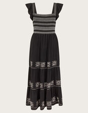 Emi Square Neck Embroidered Midi Dress, Black (BLACK), large
