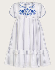 Floral Embroidered Stripe Dress, White (WHITE), large